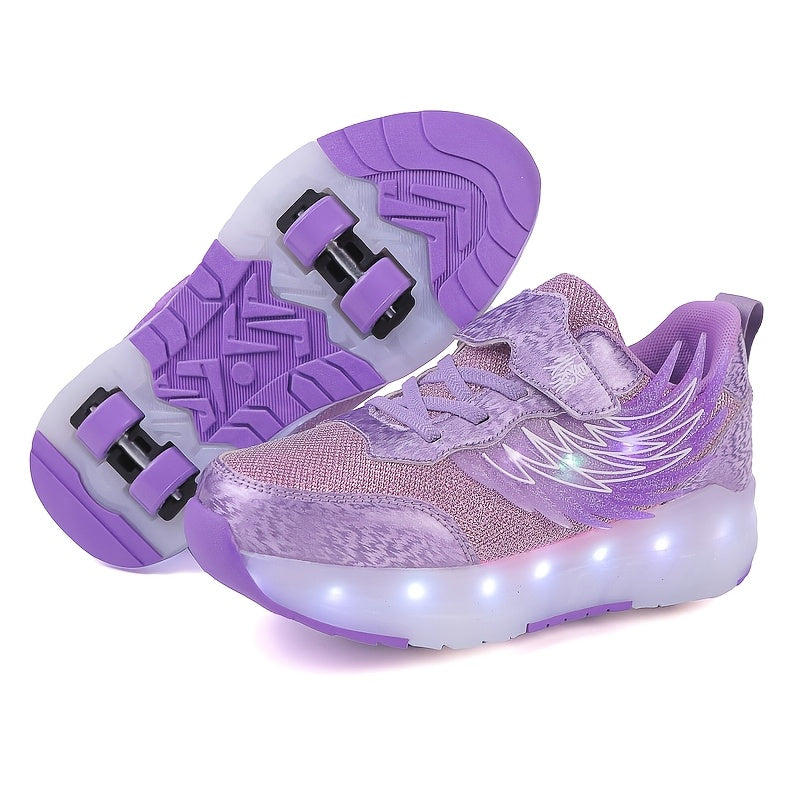 LED light-up roller skates for boys and girls, USB rechargeable with 4 wheels. Breathable and durable for indoor/outdoor use. All-season sports shoes with secure fit closure. Trendy glowing