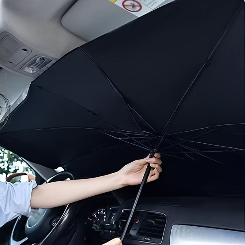 Foldable car windshield sunshade umbrella blocks UV rays and fits most cars. Can be folded for easy storage and has reflective cover.