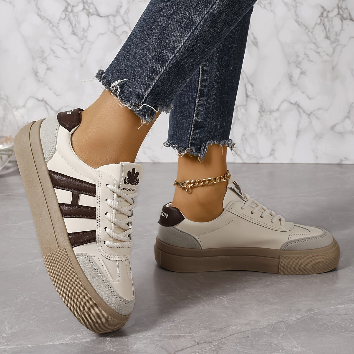 Women's Colorblock Trendy Sneakers with Lace Up Soft Sole Platform Skate Shoes.