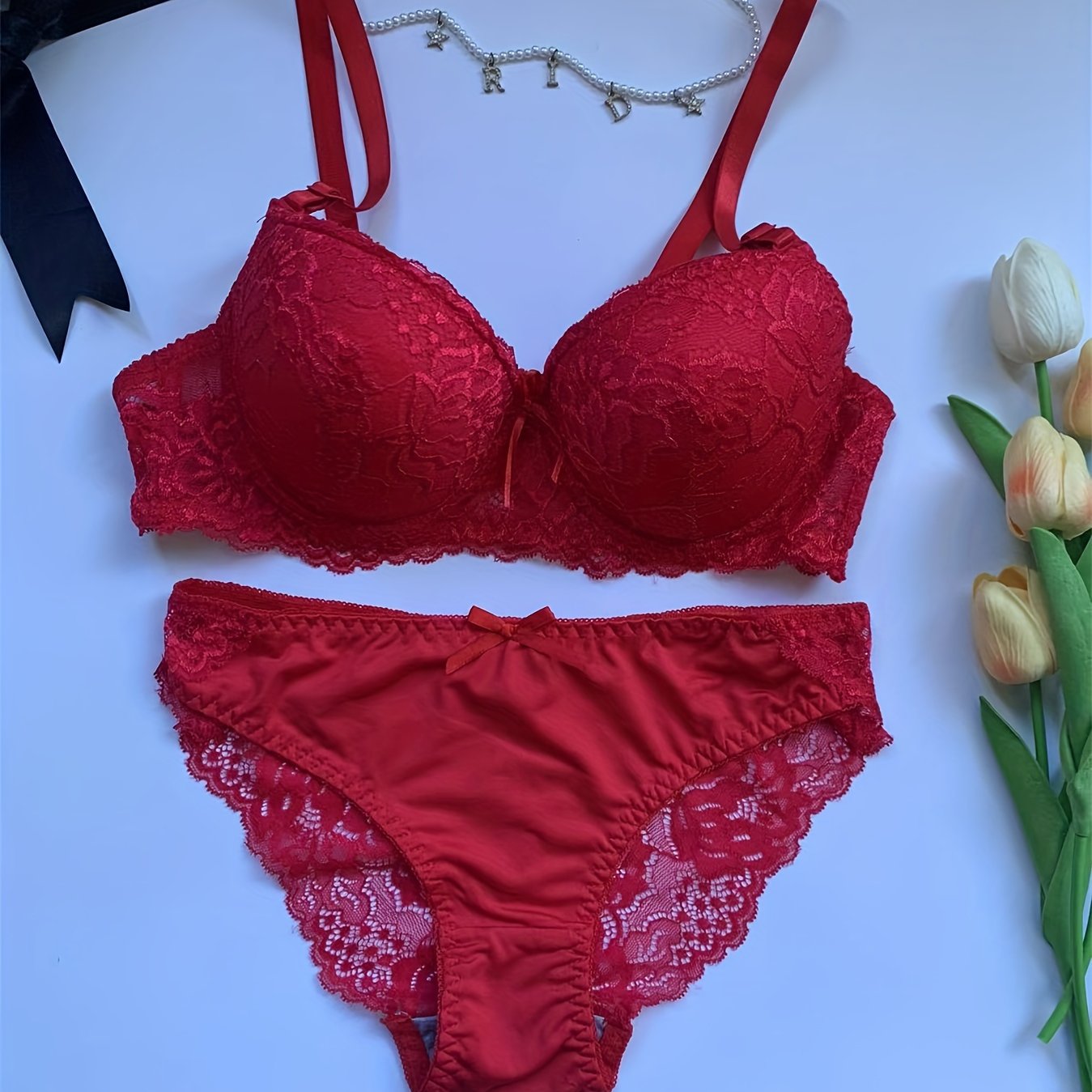 Red Lace Bralette and Thong Set - Mature Style, Medium Support, Non-Removable Cups, Polyamide/Spandex Blend, Low-Rise Briefs - Adult Size