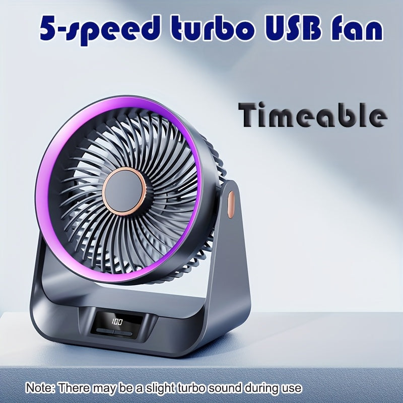 Fan with Turbo Speed USB 5-Speed Setting and Timer, High Air Circulation, Button Control Table Fan, Suitable for Indoor and Outdoor Use, Comes with Cord, USB-powered, No Batteries Needed.