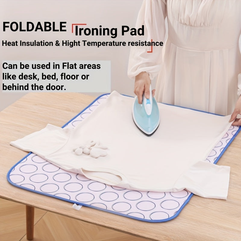 Set of 2 items: Ironing mat and silicone iron rest pad that are foldable and can withstand high temperatures. The ironing mat is 6-layer thick, heat-resistant, waterproof, and has a non-slip surface suitable for both home and travel use. It can also be