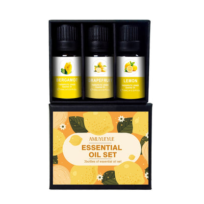 1 Set of Aromatherapy Essential Oils: Bergamot, Grapefruit, and Lemon scents, for diffusers, humidifiers, and car aromatherapy. Mood-lifting, under 1L liquid quantity, with active lemon