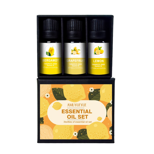 1 Set of Aromatherapy Essential Oils: Bergamot, Grapefruit, and Lemon scents, for diffusers, humidifiers, and car aromatherapy. Mood-lifting, under 1L liquid quantity, with active lemon