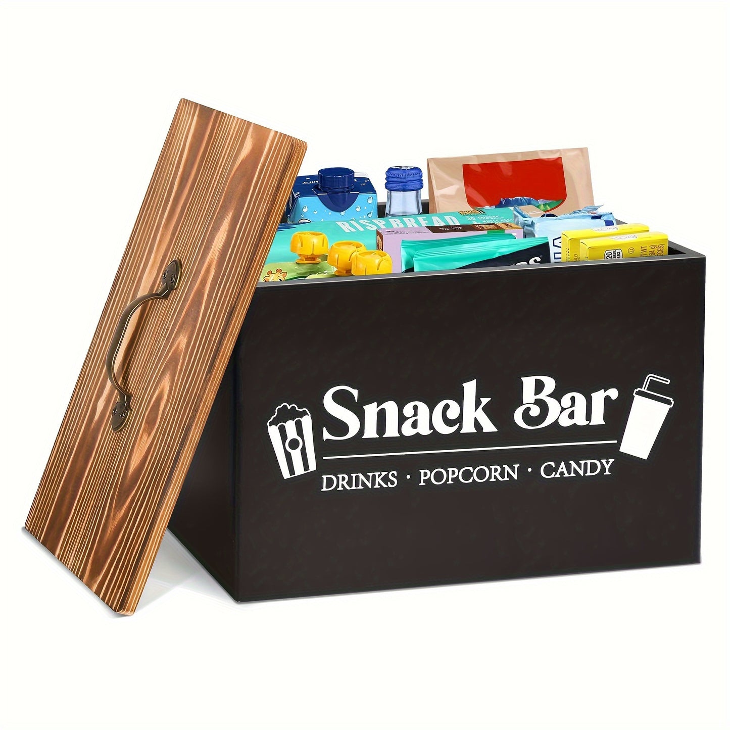 Wooden snack organizer with handles for kitchen, pantry, and countertop storage. Ideal for organizing chips, candy, and drinks.