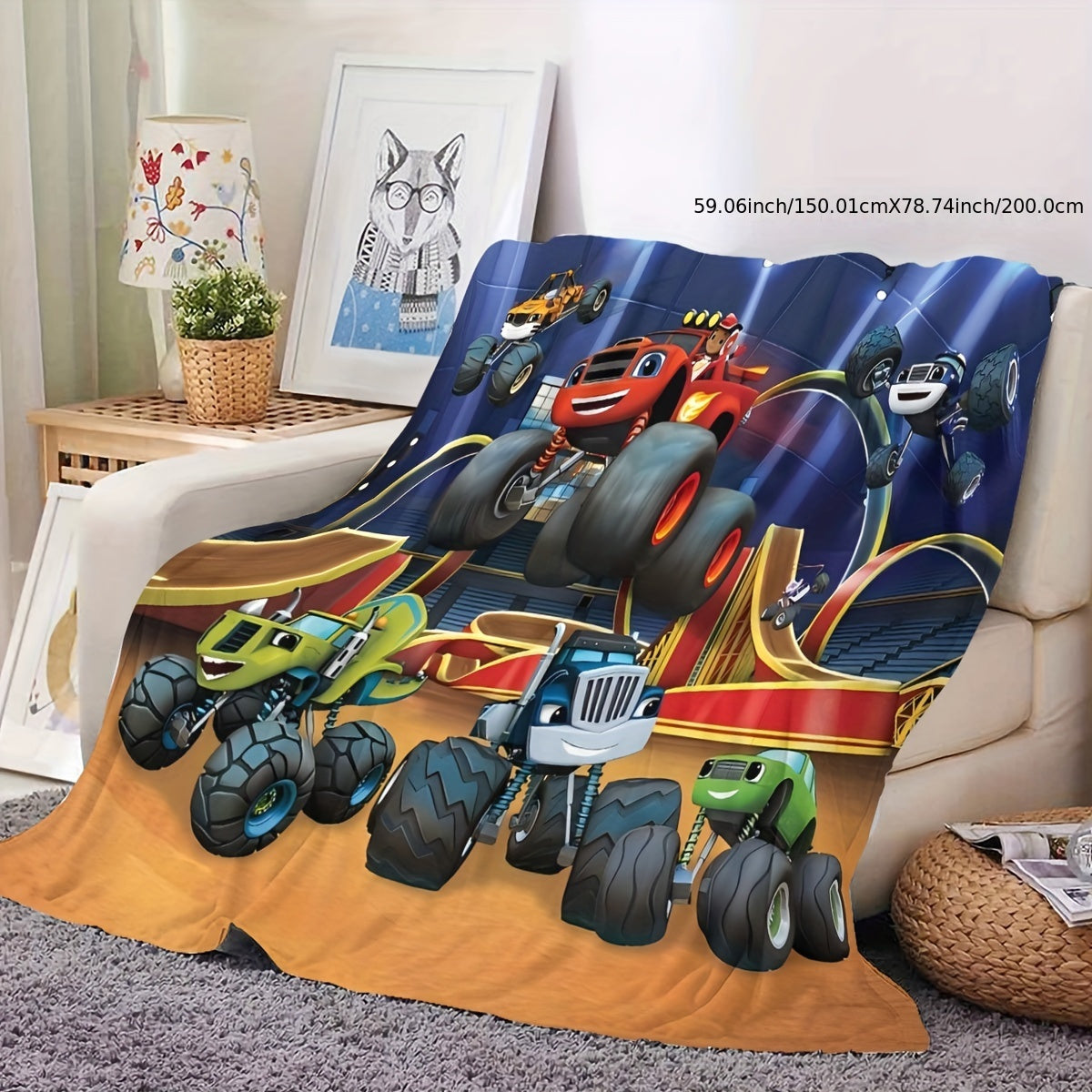 Monster Truck Flannel Fleece Throw Blanket - Featuring Cartoon Design, Suitable for All Seasons, Hypoallergenic, Easy to Clean, Polyester Material, Modern Style, Versatile Bedding for Bedroom, Living Room, or Couch