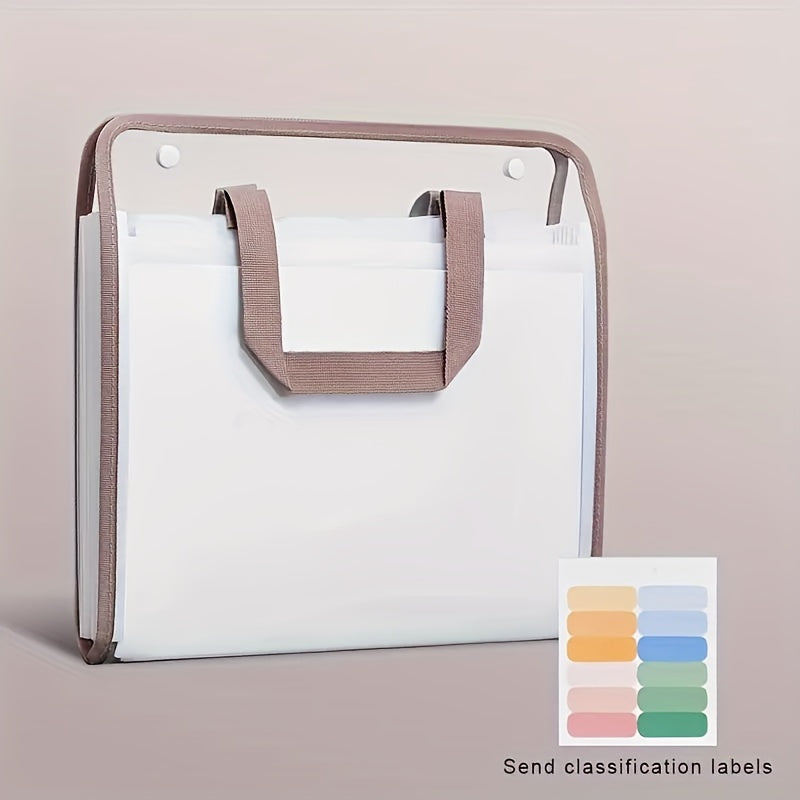 Durable PVC expanding file organizer holds A4 documents, suitable for students, office, and home use. White, waterproof and portable with handheld design. Stylish document bag for organized