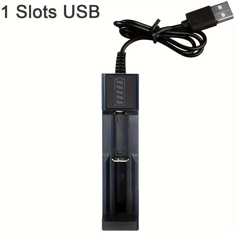 USB powered dual 18650 battery charger for 4.2V rechargeable lithium batteries, with 1/2 slot and portability.