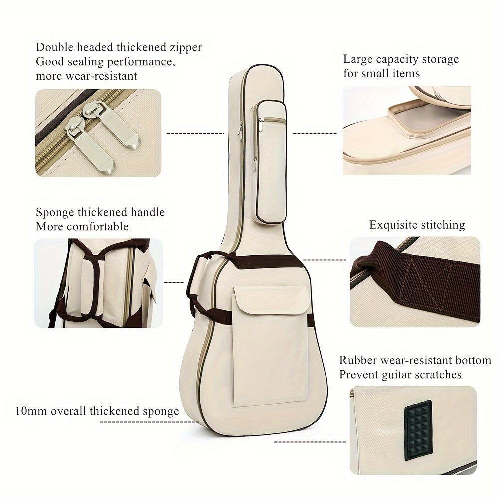 Durable waterproof 10mm padded gig bag for 40/41 inch guitars in beige and coffee colors. Made of 600D Oxford fabric with neck strap, adjustable shoulder straps, and front pocket. Ideal for