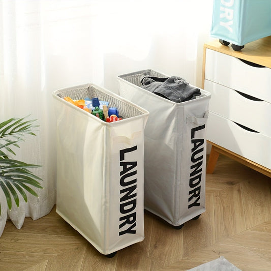 Slim laundry basket with handle and wheels, measuring 55.88cm. Features a foldable design and drawstring mesh for holding dirty clothes. Can be used as a corner clothes organizer in bathroom, bedroom, living room, or dorm. Great for home organization and