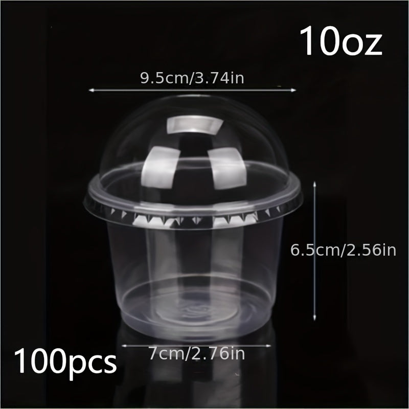 50 to 100 pieces of plastic dessert cups with dome lids, featuring no holes. These clear portable parfait cups are perfect for serving yogurt, pudding, jello, ice cream, fruit, and more. They are leak-proof, disposable containers ideal for takeout, home