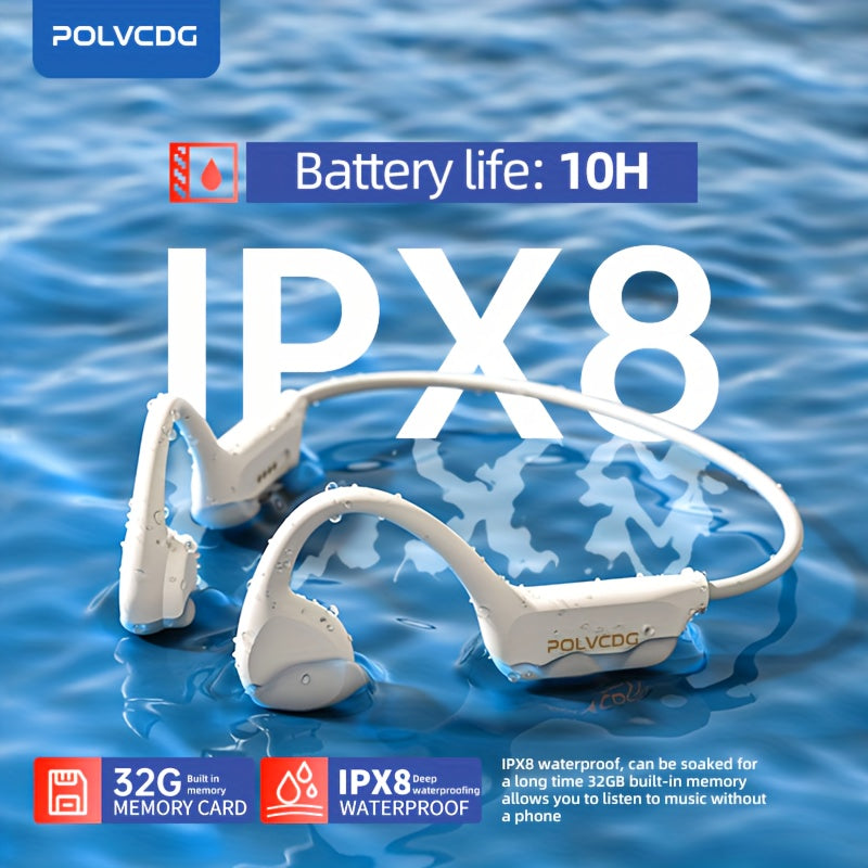 1pc POLVCDG X7 Wireless Bone Conduction Headphones with 10H playtime, 32GB memory, open-ear design, volume control, and compatibility with phones for swimming, running, cycling, and fitness.