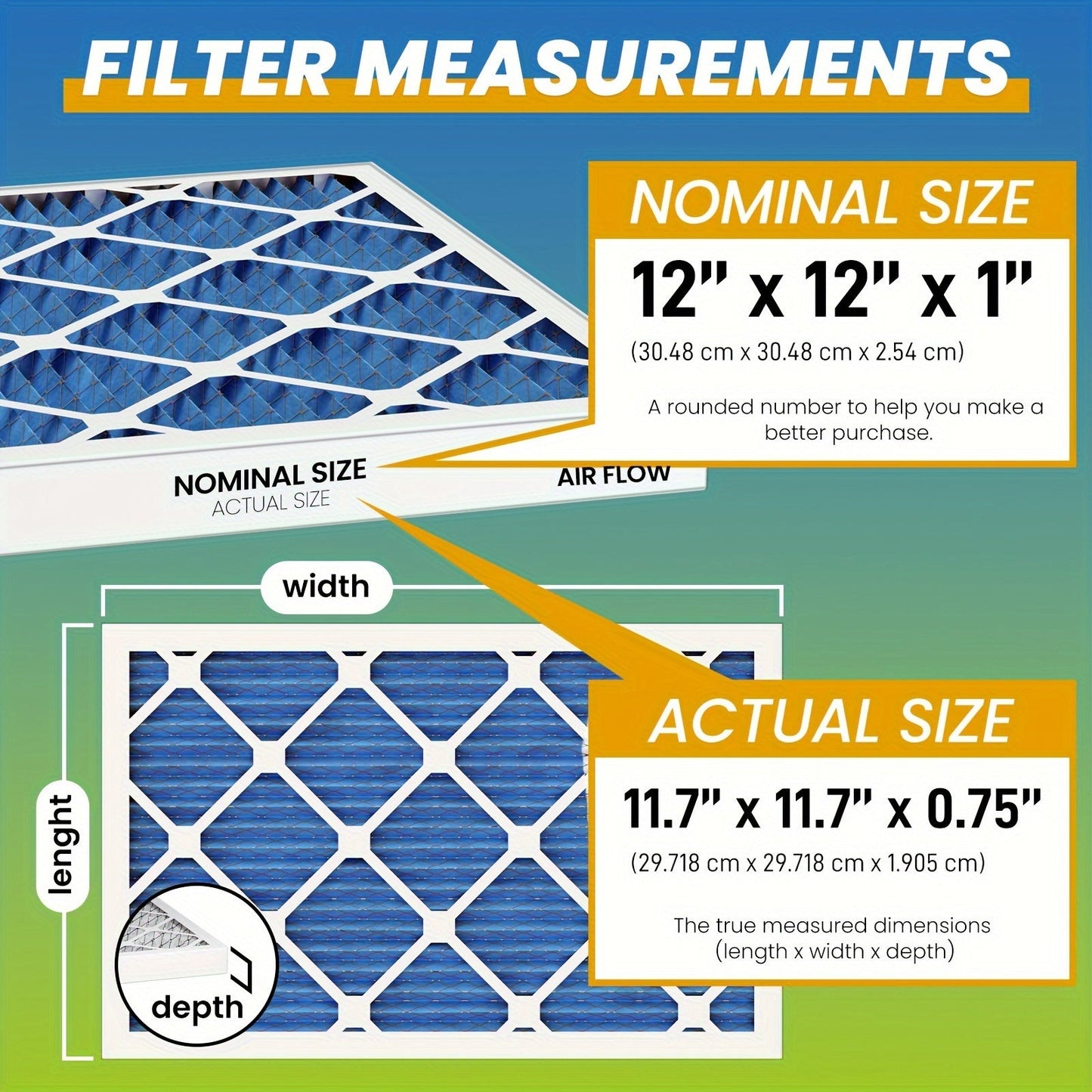 6-pack of MERV8, MERV11, and MERV13 pleated replacement air filters for AC and furnace applications in home and pet environments. Actual dimensions are 29.72cm x 29.72cm x 1.91cm.