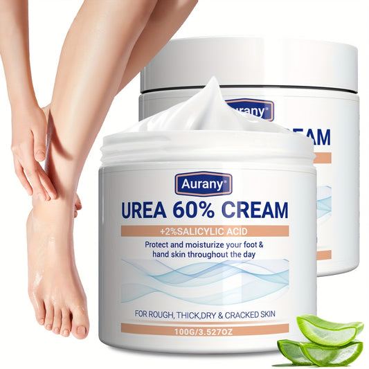 Two pieces of Urea Cream 60% with 2% Salicylic Acid, suitable for dry skin on feet, knees, and elbows. Moisturizes and protects foot skin all day. 100g.