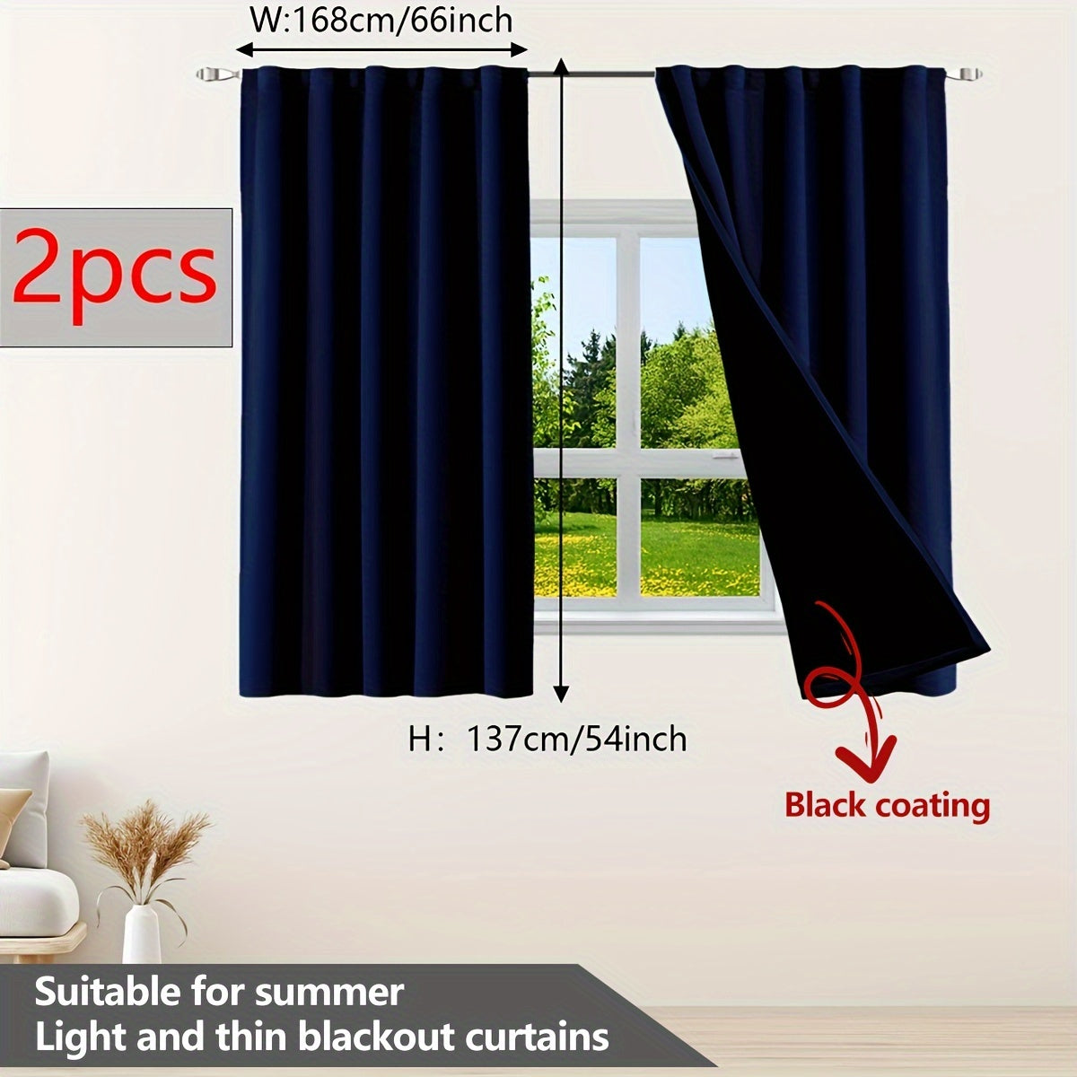 Two pieces of contemporary blackout curtains made from thermal insulated twill weave polyester. They are designed to reduce noise and block out light, making them perfect for the living room, bedroom, or study. These curtains feature a hook and ring rod