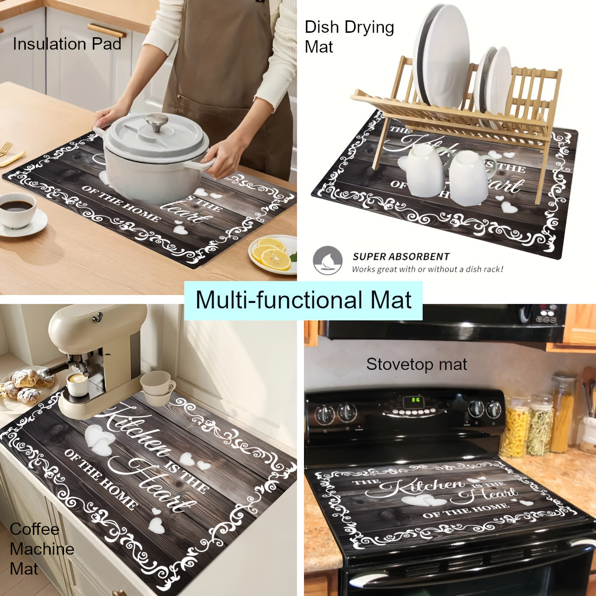 Transform your kitchen  with the "The Kitchen is the Heart of the Home" Diatom Mud Electric Glass Stove Top Cover. This versatile kitchen mat measures 72.39x52.07cm and features an anti-scratch rubber protective pad, making it ideal for use on ceramic