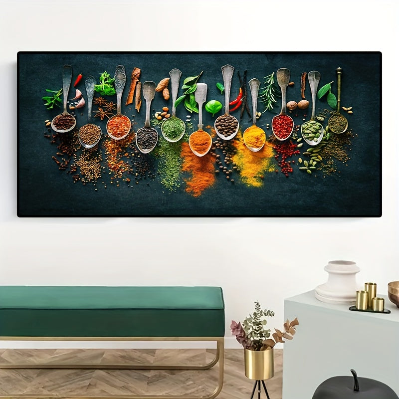 Spice-themed kitchen wall art canvas adds vibrancy to your home decor with a modern matte finish, perfect for the living room or kitchen. Frameless, removable, and reusable design.