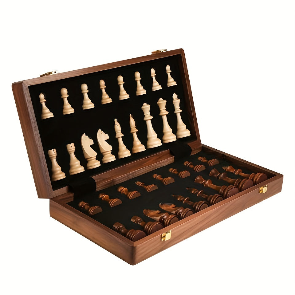 38.1cm X 38.1cm/15" X 15" Solid Wood Chess Set with Folding Board, Walnut Checkerboard, Internal Storage, 2 Bonus Queens.