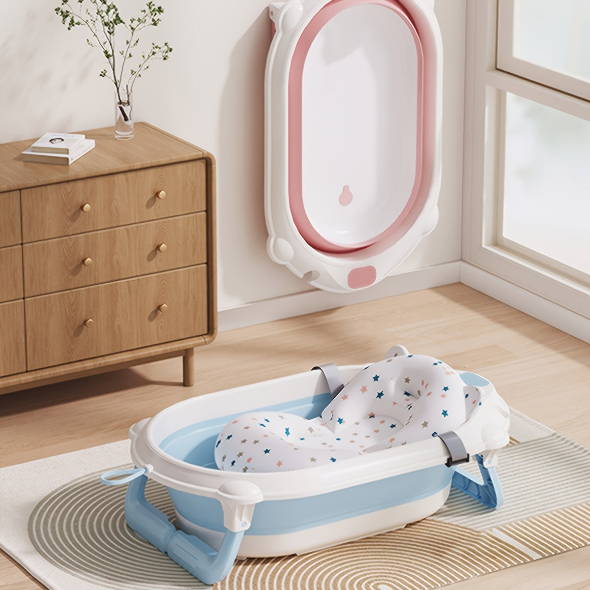 Portable Folding Infant Bathtub with Dual-Function Kids Wash Basin, Breathable Cushion and Mat Set - Home Use Toddler Bathing Seat (Mixed Color, Plastic)