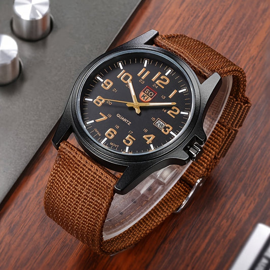 Casual nylon strap wristwatch with number date quartz, ideal for men as a fashionable sport-style watch perfect for gifting.