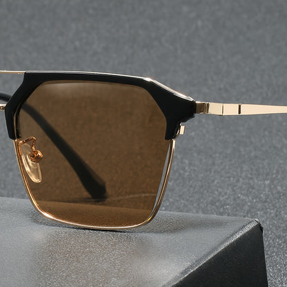 Unisex photochromic glasses with iron alloy frame and AC lens for travel, mobile, and computer use.