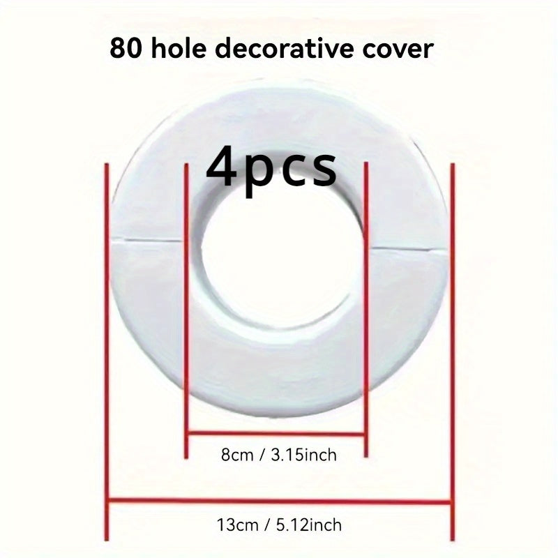 Set of four white plastic covers for air conditioner holes, made of PP material. These decorative caps are designed to protect wall-mounted pipes with hole sizes of 5.0cm, 5.99cm, 7.01cm, and 8.0cm.