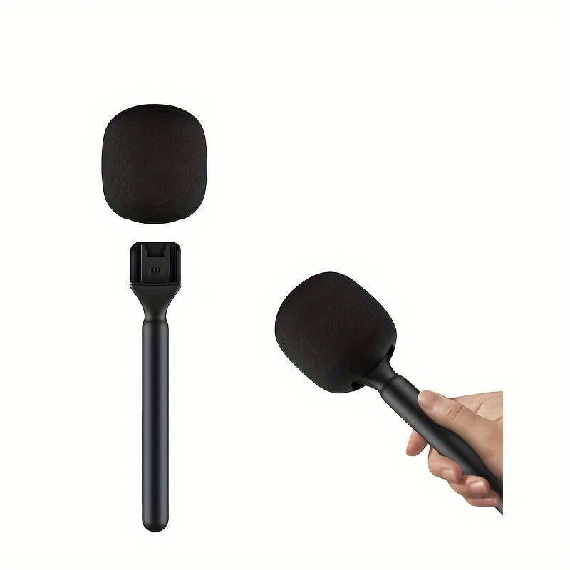 Wireless handheld microphone grip with adapter for interviews.