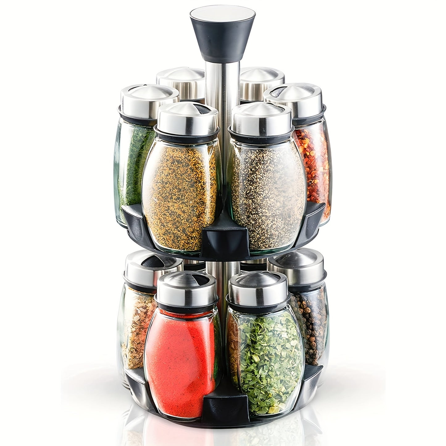 Revolving spice rack set includes 6 or 12 jars with 360° rotation shelf and glass refill containers for cabinet or countertop. Spices not included.