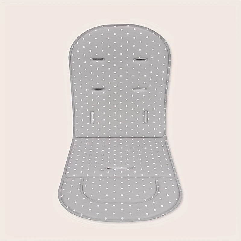 Breathable polyester stroller cushion for infants, fits most models. Supports toddlers aged 0-3 with comfort. Light grey with polka dot/star pattern.