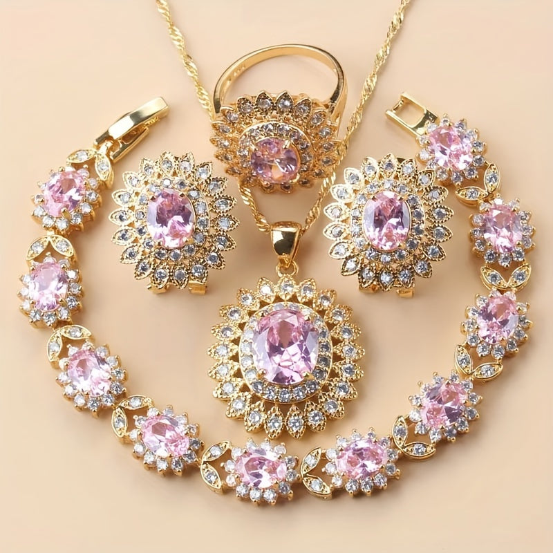 5-Piece Sunflower Jewelry Set with Cubic Zirconia for Women - Featuring Earrings, Ring, Necklace, and Bracelet - Ideal for Special Occasions like Weddings, Mother's Day, Valentine's Day, Parties, and Christmas, Perfect Gift for Brides