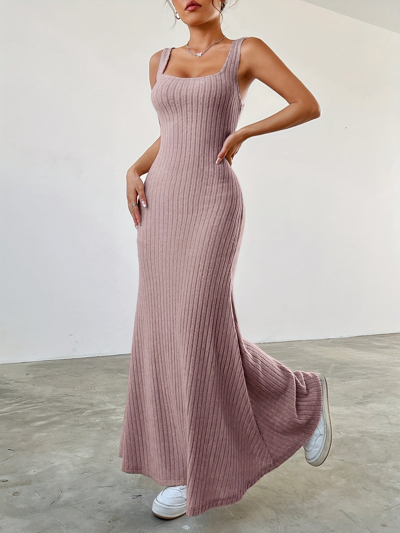 Stylish ribbed dress set with crew neck top and maxi tank dress.