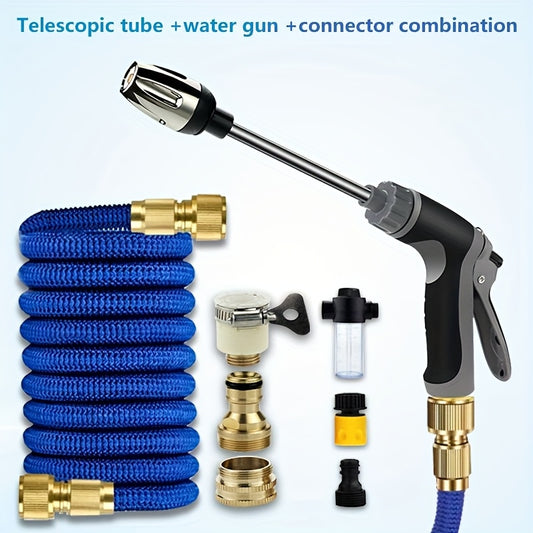 3x telescopic hose combo set for home car washing, floor washing, garden watering, including foam water bottle and high-pressure car wash water gun with telescopic rod.