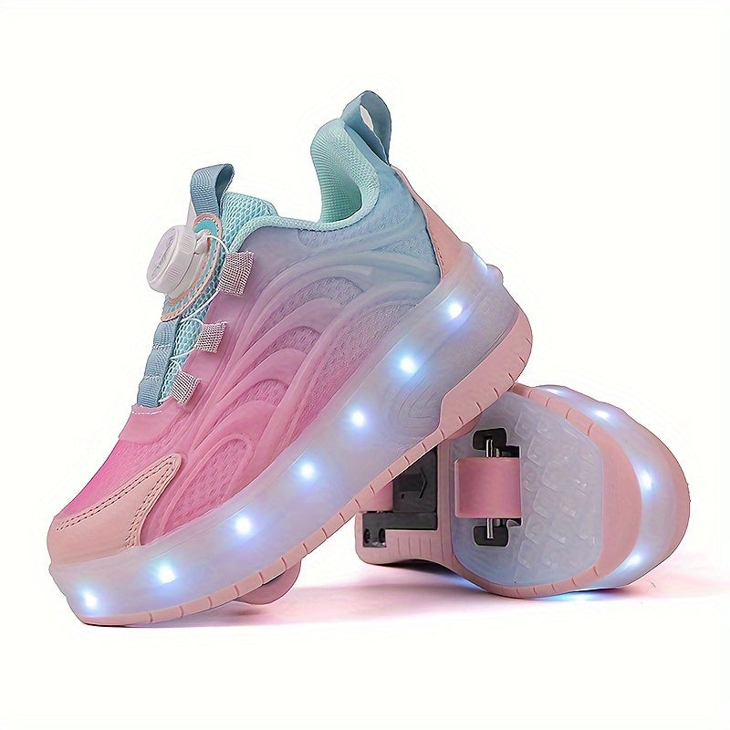 LED roller skates with TPR sole, fabric inner, EVA insole, rotary buckle closure, and lithium polymer battery. Suitable for ages 14+, can be used indoors or outdoors for sports training all