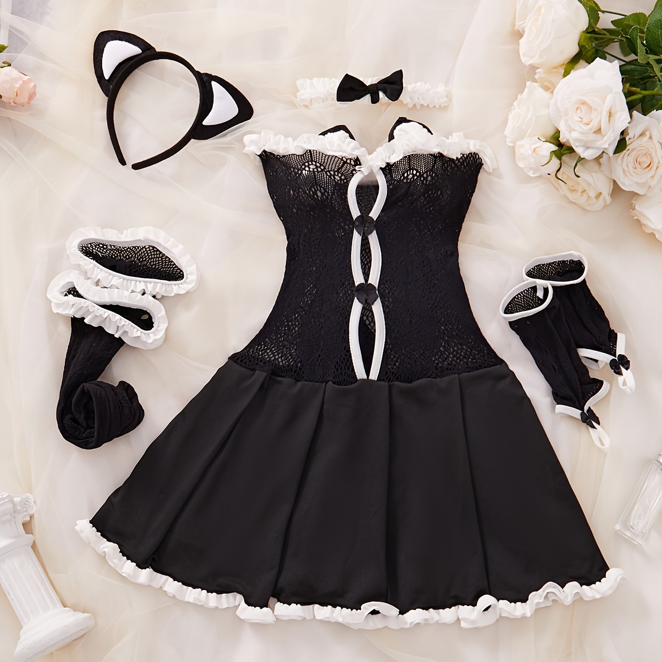 Naughty Cat Cosplay Costume Set: Dress, Gloves, Stockings, Headband. Women's Sexy Lingerie.