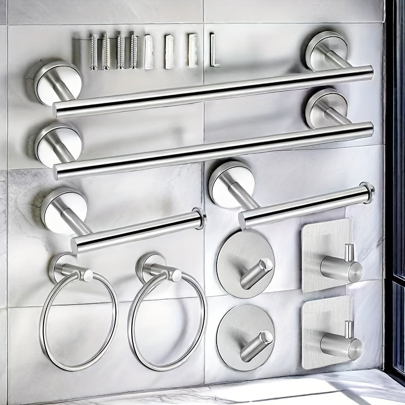 10-piece stainless steel bathroom hardware set includes towel bars, rack hooks, toilet paper holder, towel ring. It features a modern hotel-style design and can be mounted without drilling.