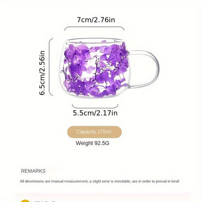 Handmade floral glass coffee mug with real dried flowers, double-walled for insulation, hand wash only, perfect for home use.