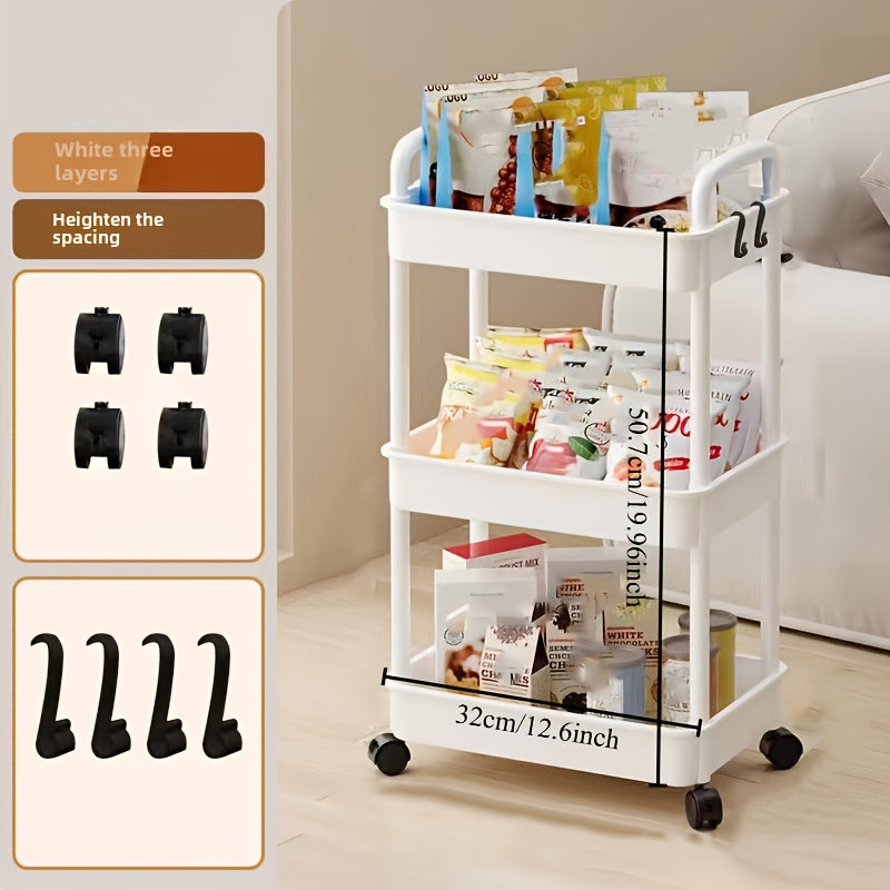 Versatile Mobile Utility Cart Organizer with Multi-Tier Storage, Sturdy Plastic Material, 360 Degree Swivel Wheels, Ideal for Various Rooms - Available in Black or White. Perfect for Living Room, Bathroom, Bedroom, Kitchen. Convenient and Durable Rolling