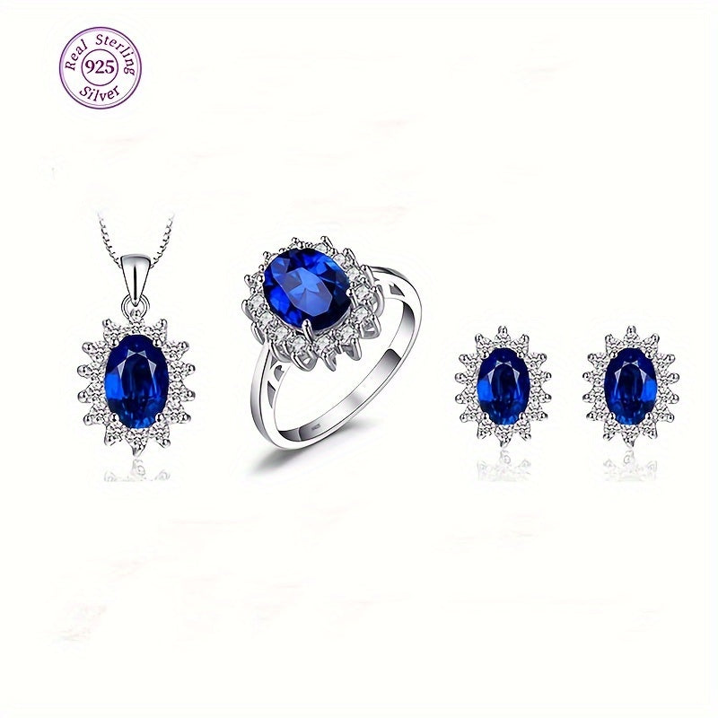 Complete your daily outfits with this high quality jewelry set, featuring a stunning 925 sterling silver necklace, ring, and pair of earrings. Each piece is inlaid with shining zirconia in multiple colors for you to choose from. Upgrade your look with