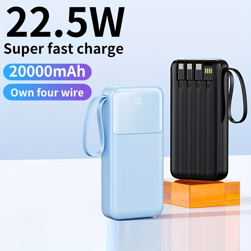 20000mAh Portable Power Bank with fast PD20W charging, 4 built-in charging cables, LED power display, lanyard. Suitable for iPhone/Android and other devices. Ideal for emergencies.