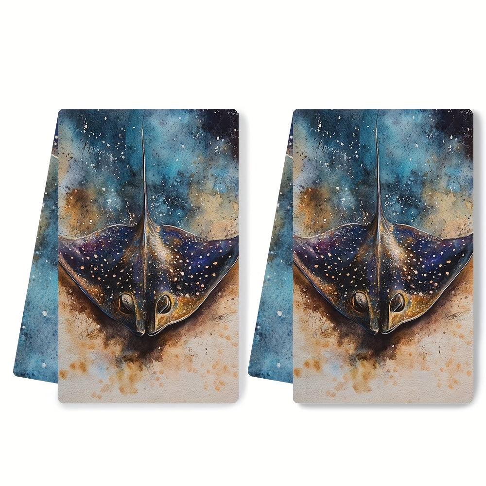 This offer includes a pair of luxurious kitchen towels featuring a stunning metallic stingray design. These ultra soft towels are perfect for both drying dishes and hands, making them a great addition to your holiday decor. They are highly absorbent and