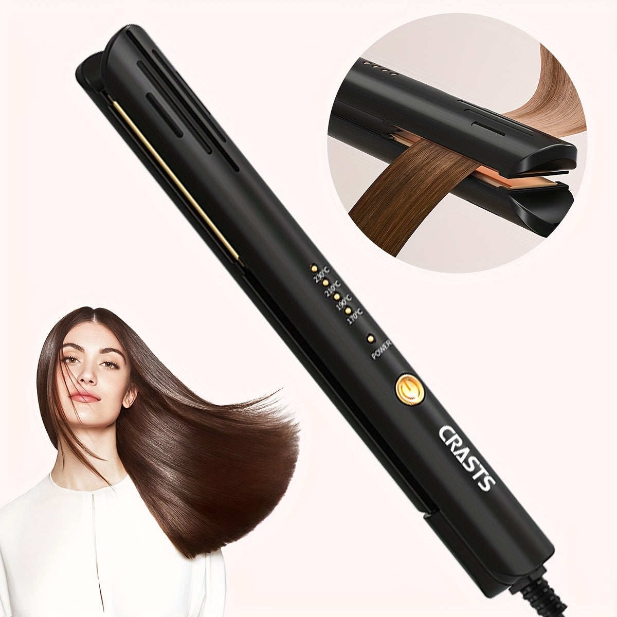 CRASTS Professional Hair Straightener & Curler with adjustable temperature settings, digital display, ergonomic design for smooth, frizz-free hair. Unisex styling tool.