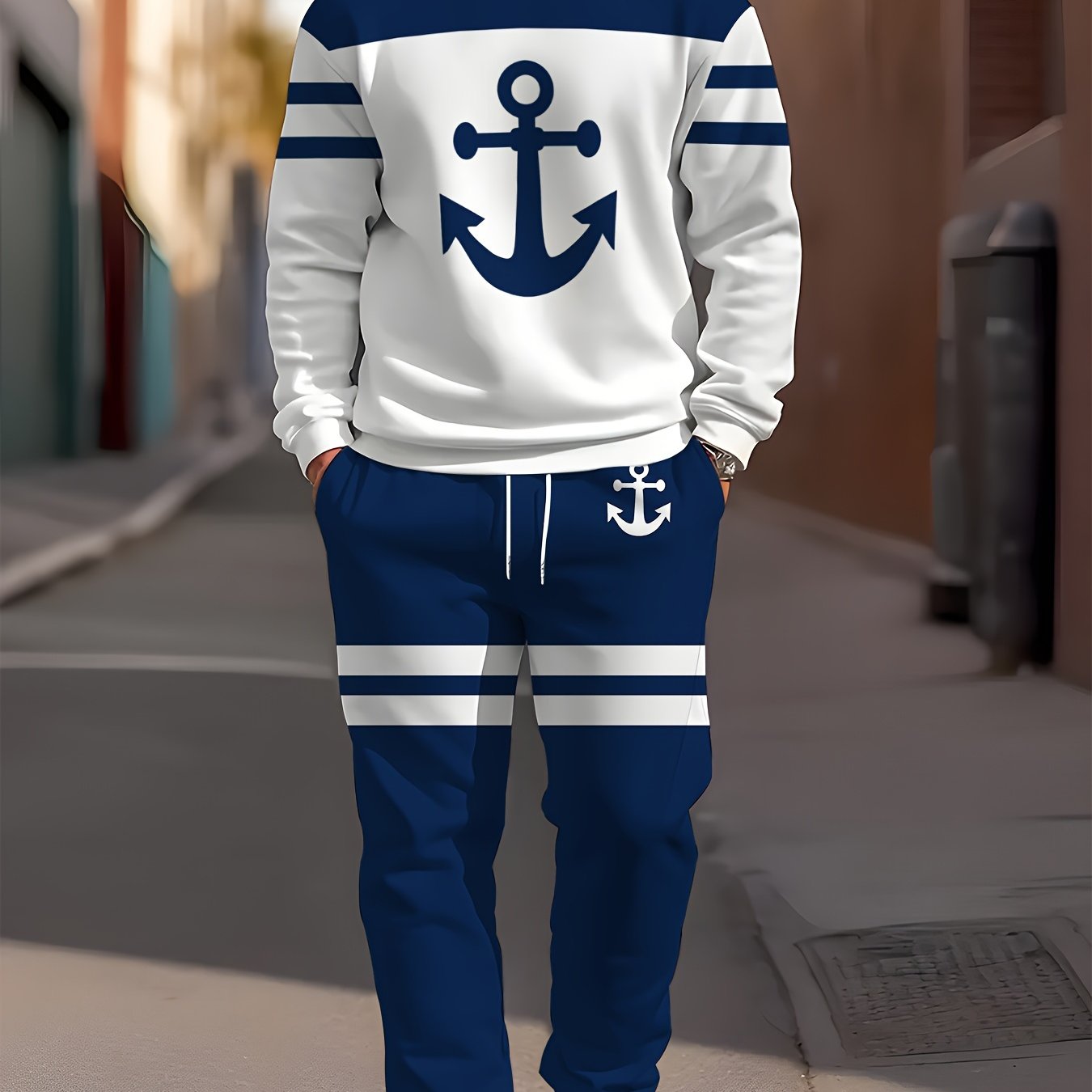 Anchor print sweatshirt and joggers set for men made from a comfortable polyester blend that is machine washable. Casual and comfortable.