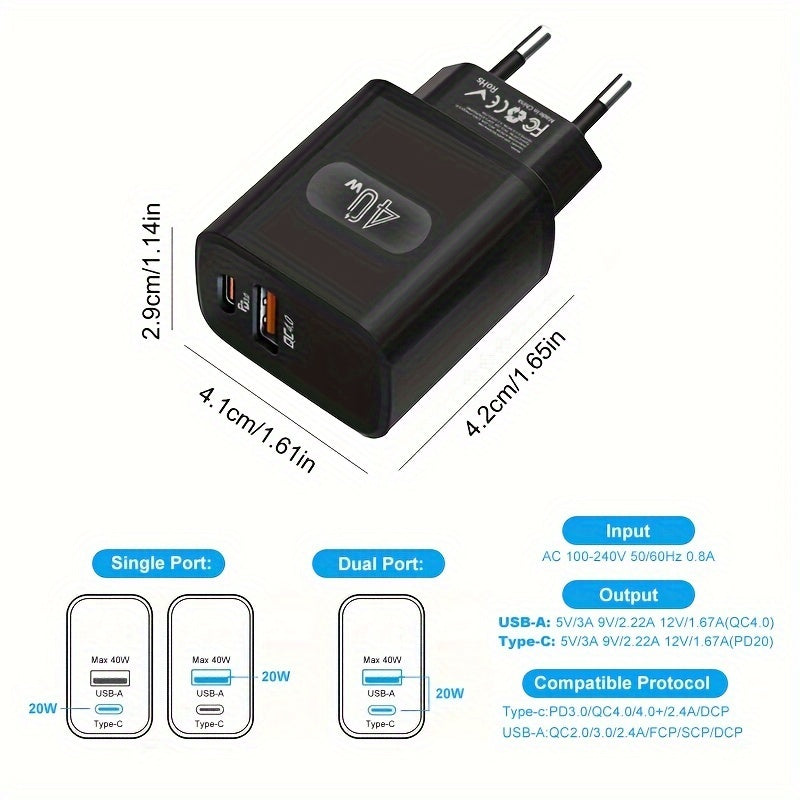 GEUMXL 40W Dual Port USB-C Wall Charger with PD 3.0 & QC 4.0 for fast charging of various devices, compatible with iPhone, iPad, AirPods, Samsung, Xiaomi, Oppo, Vivo. European Plug included.