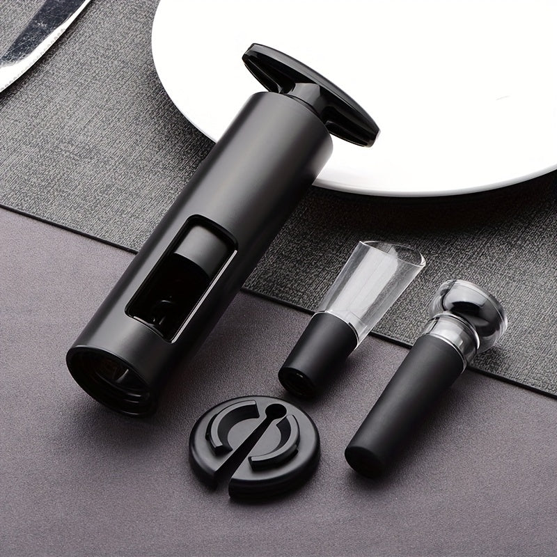 4-piece wine accessories set includes a wine opener, foil cutter, pourer, and vacuum stopper made of food-grade materials for manual corkscrewing, foil cutting, pouring, and wine preservation.