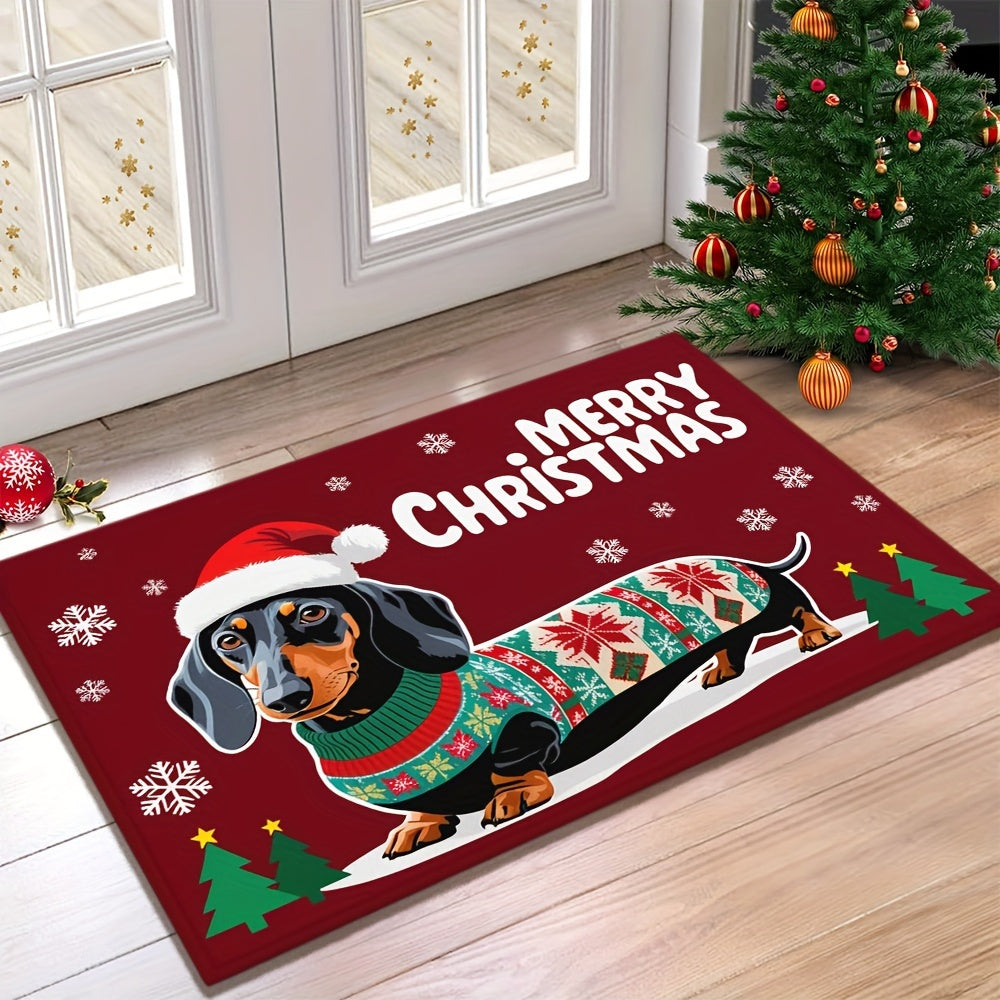 Welcoming Christmas Dachshund Doormat - Non-Slip, Easy-Clean Polyester Mat with Rubber Backing, Lightweight & Durable, Braided Rectangle Floor Mat for Home, Bathroom, Balcony - Festive Dog in Santa Hat for Holiday Decor