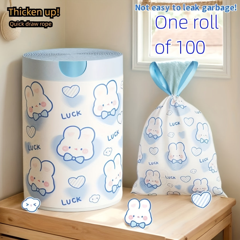 50 pieces out of 100 pieces of cute cartoon drawstring garbage bags are produced from leak-proof high-density HDPE plastic, ideal for disposing of waste and debris.