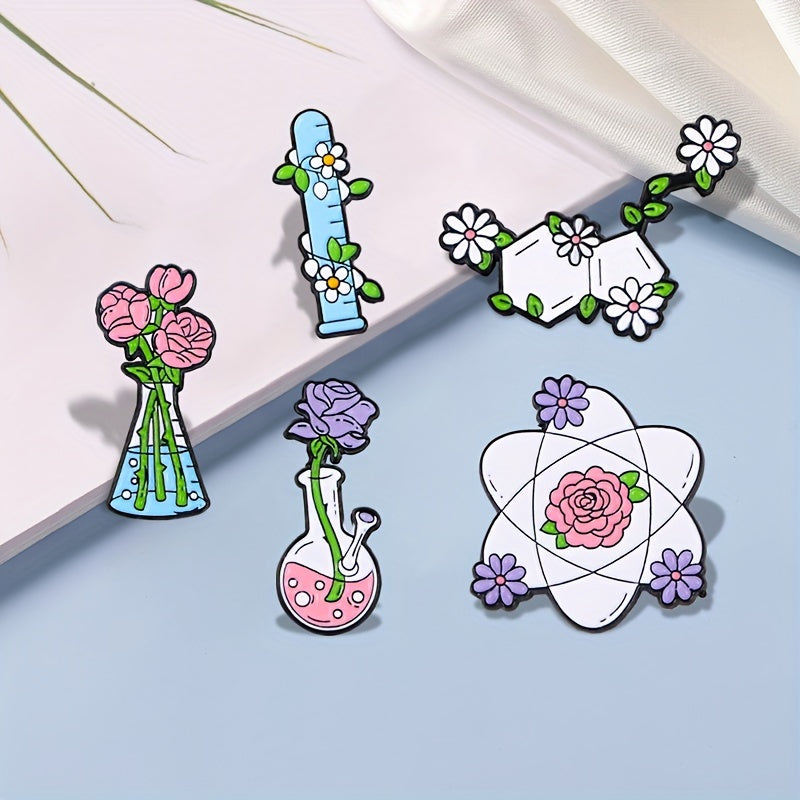 A set of five cartoon science lab brooches featuring zinc alloy chemistry floral vials and atom designs. Perfect for teachers, students, or anyone looking for a creative and unique accessory for their clothing or backpack. Ideal for daily wear or as a