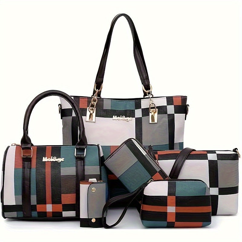 6-piece set of checkered pattern shoulder bags including a handbag, crossbody bag, clutch bag, long wallet, and short wallet.