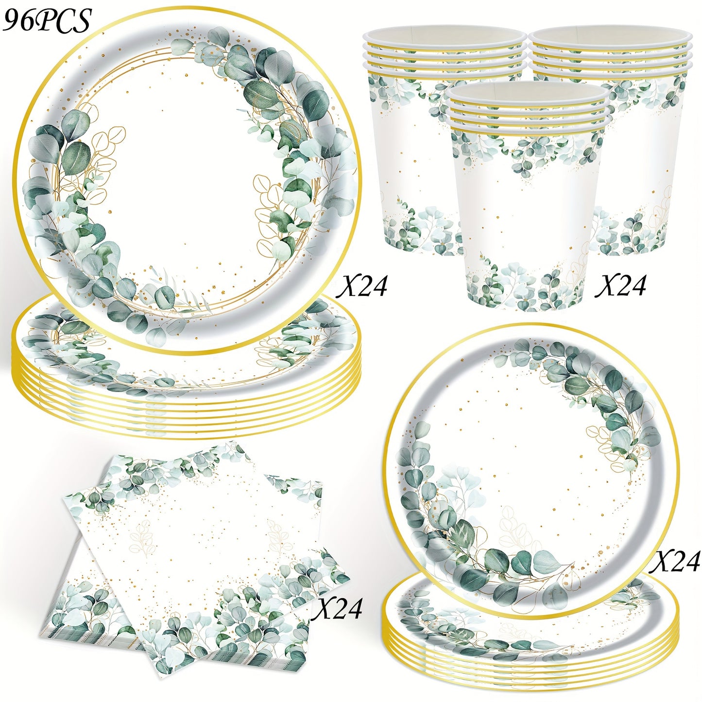 96pcs Eucalyptus Leaf Party Tableware Set for 24 Guests, Ideal for Weddings & Bridal Showers