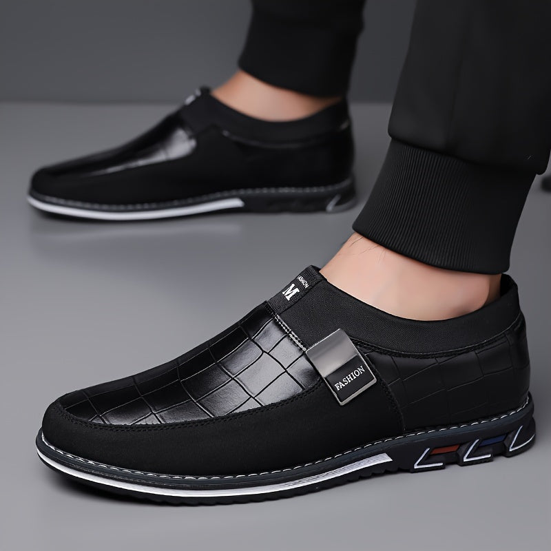 Men's slip-on business casual shoes with synthetic microfiber leather, anti-slip rubber sole, PU inner lining, and low top design for daily wear in spring/fall season.